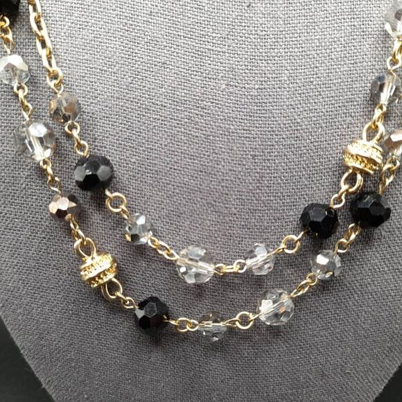 Vintage Long Black Smoky Crystal Necklace, 44 Inch, Gold Tone Chain Spacer Beads - Picture 6 of 11